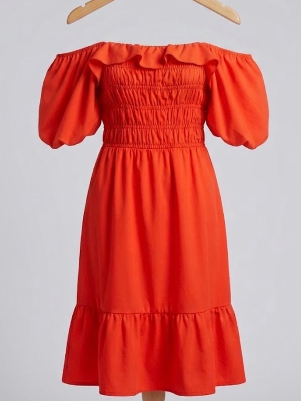Off-Shoulder Puff Sleeve Midi Dress in Bright Orange